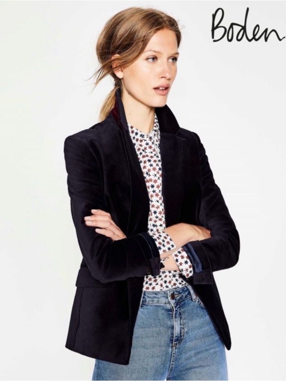 Boden Velvet Blazer Cotton Front Closure Black Size 8 Women’s